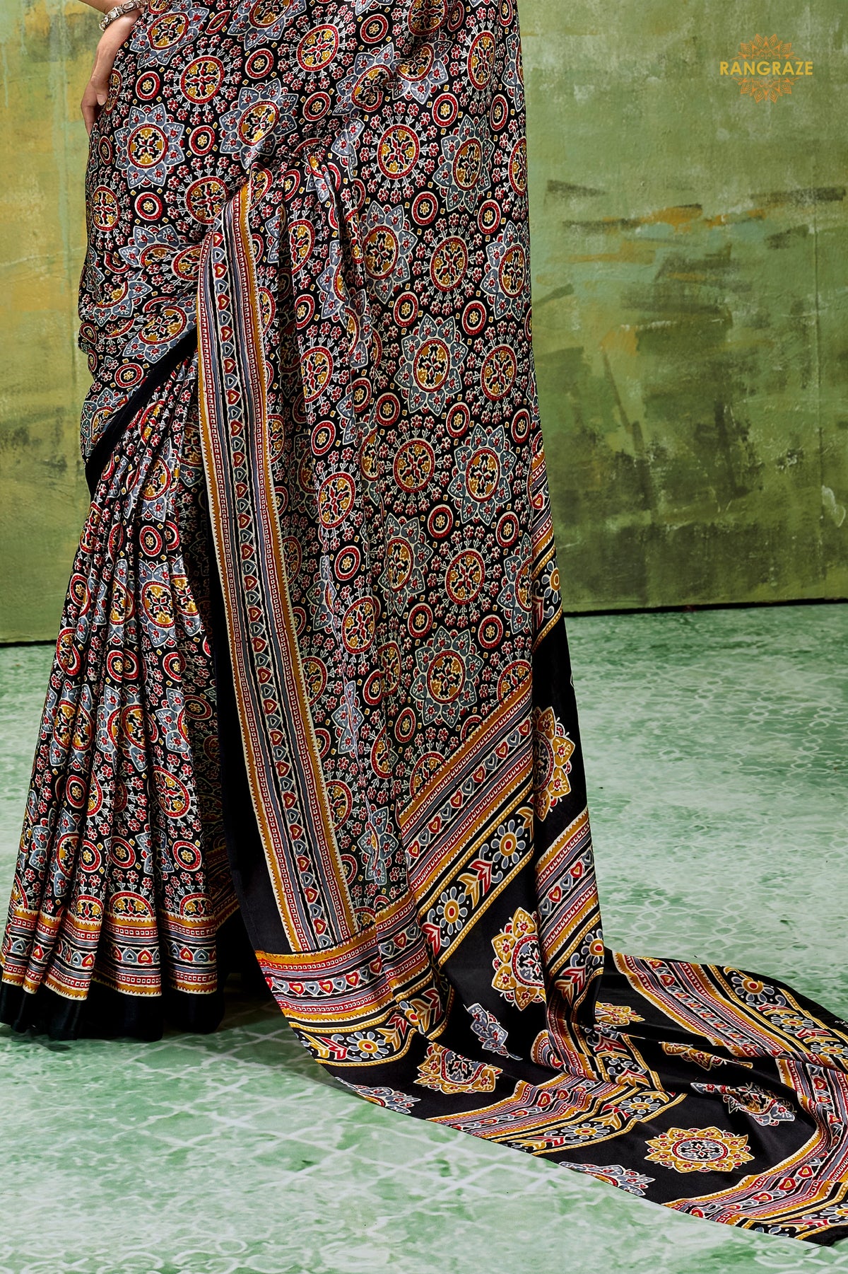 Black Ajrakh Print Modal Satin Saree