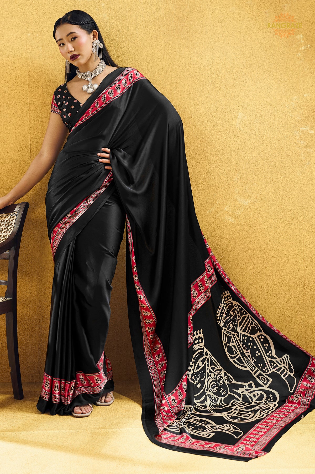 Black Ajrakh Print Modal Satin Saree