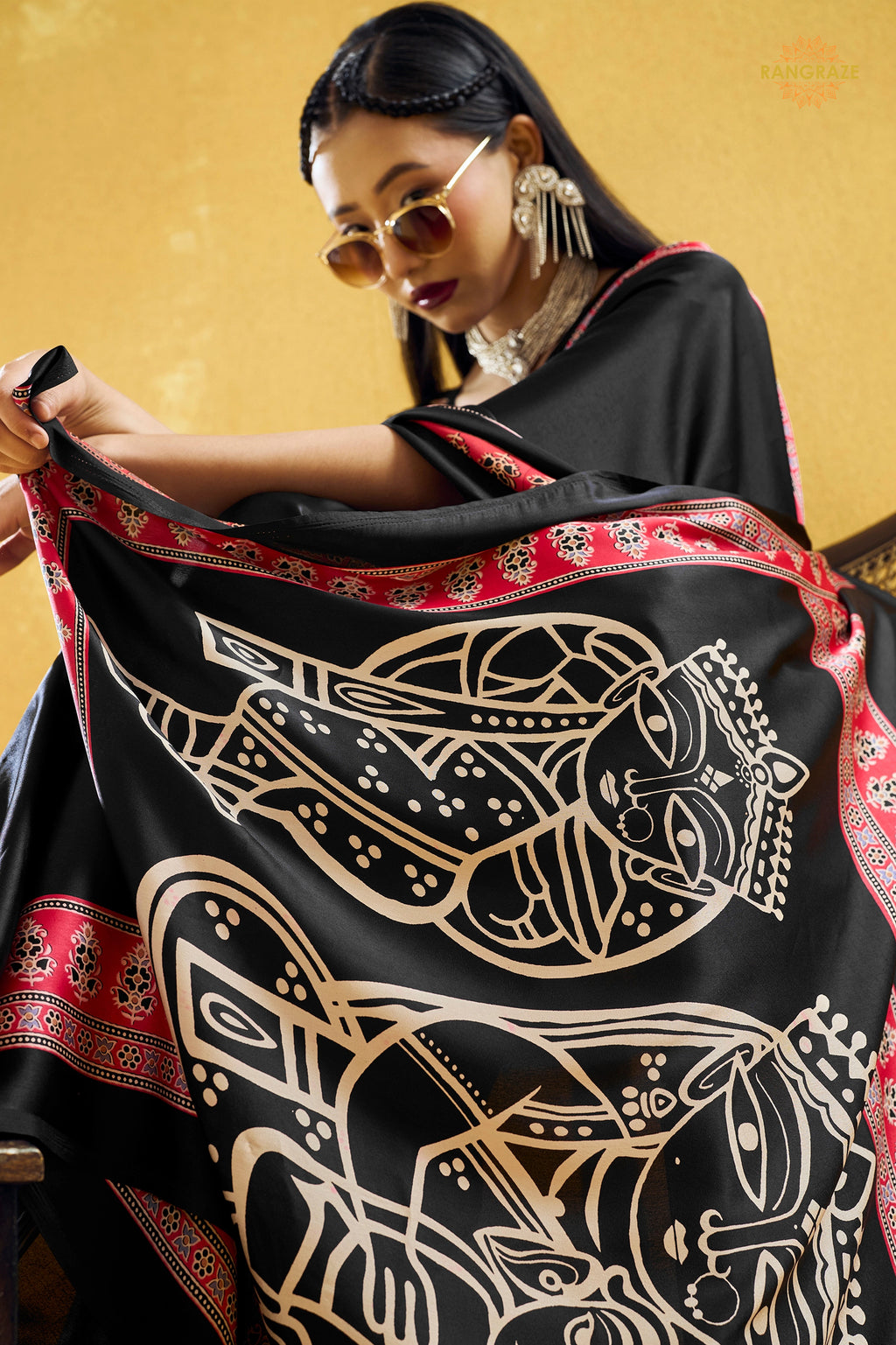 Black Ajrakh Print Modal Satin Saree
