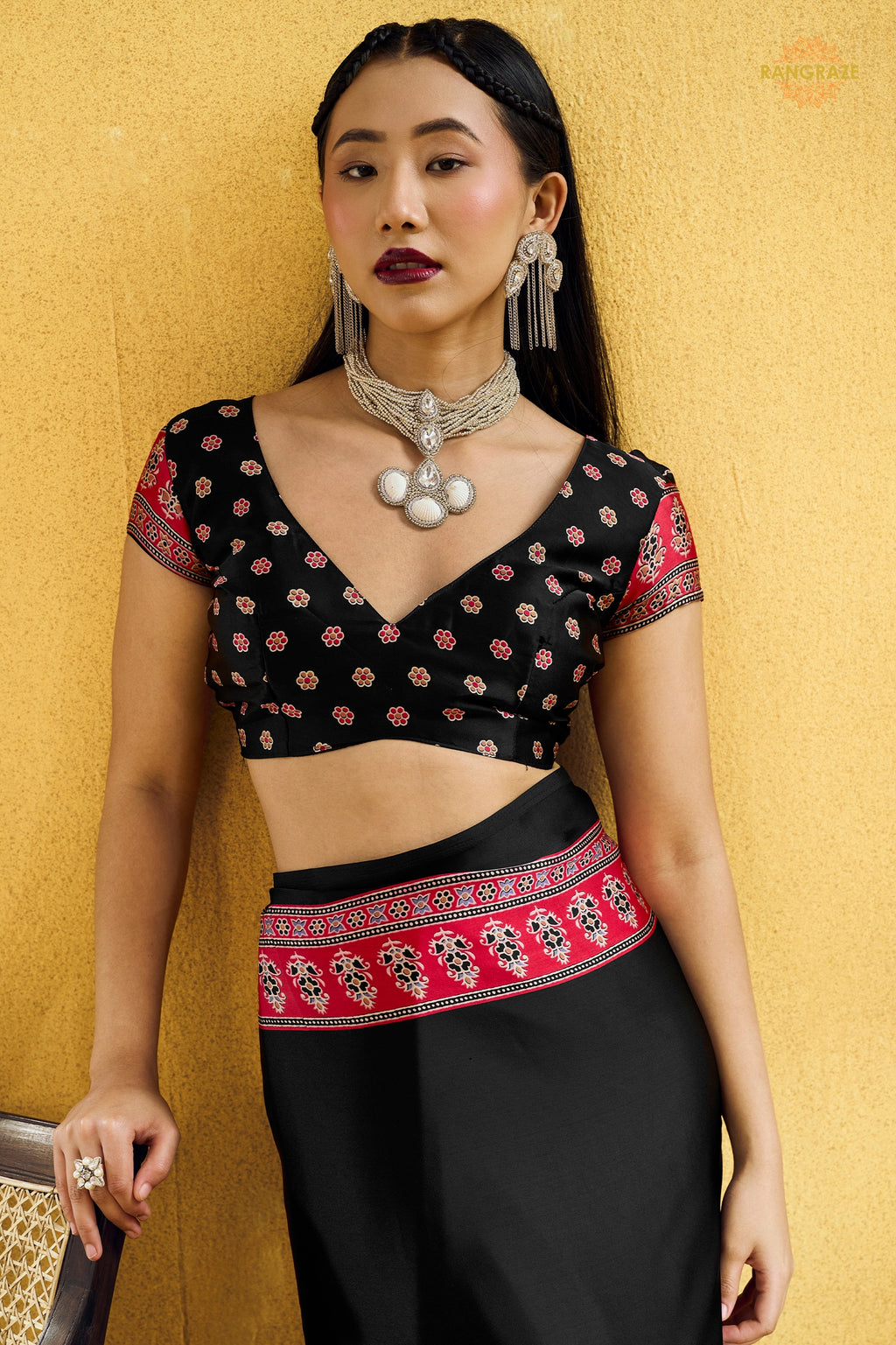 Black Ajrakh Print Modal Satin Saree
