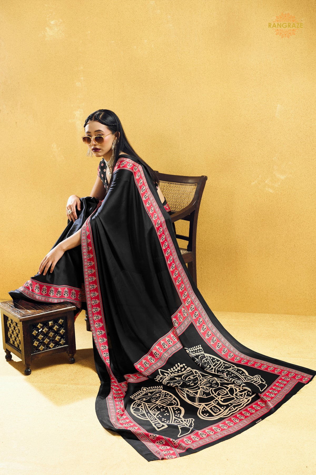 Black Ajrakh Print Modal Satin Saree