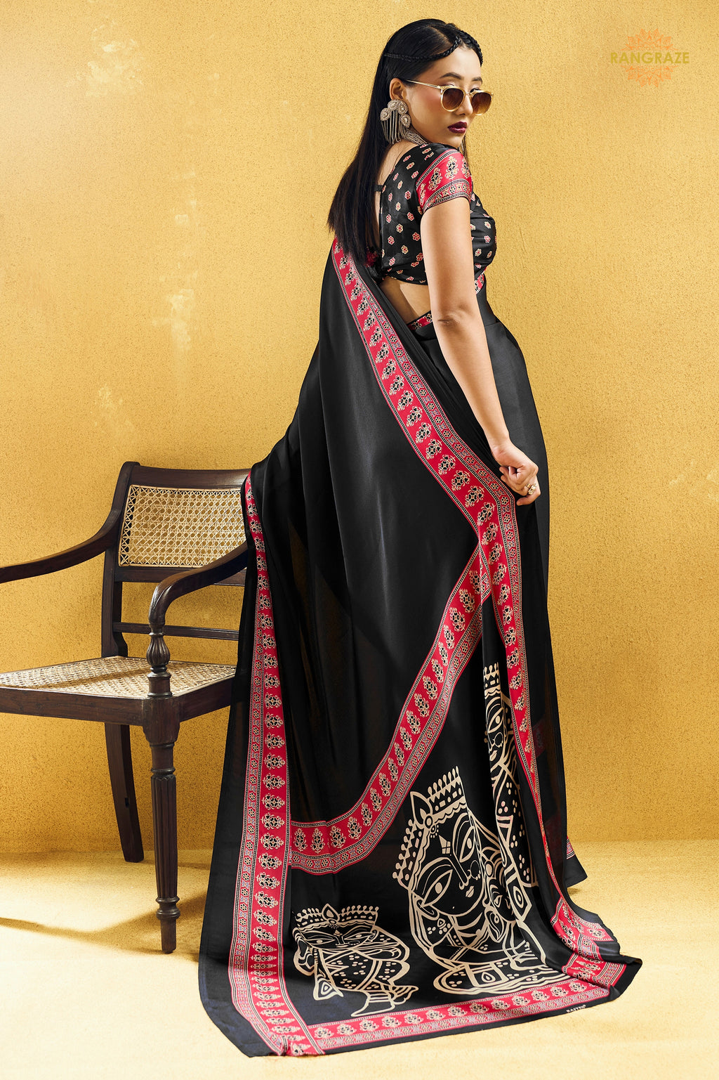 Black Ajrakh Print Modal Satin Saree