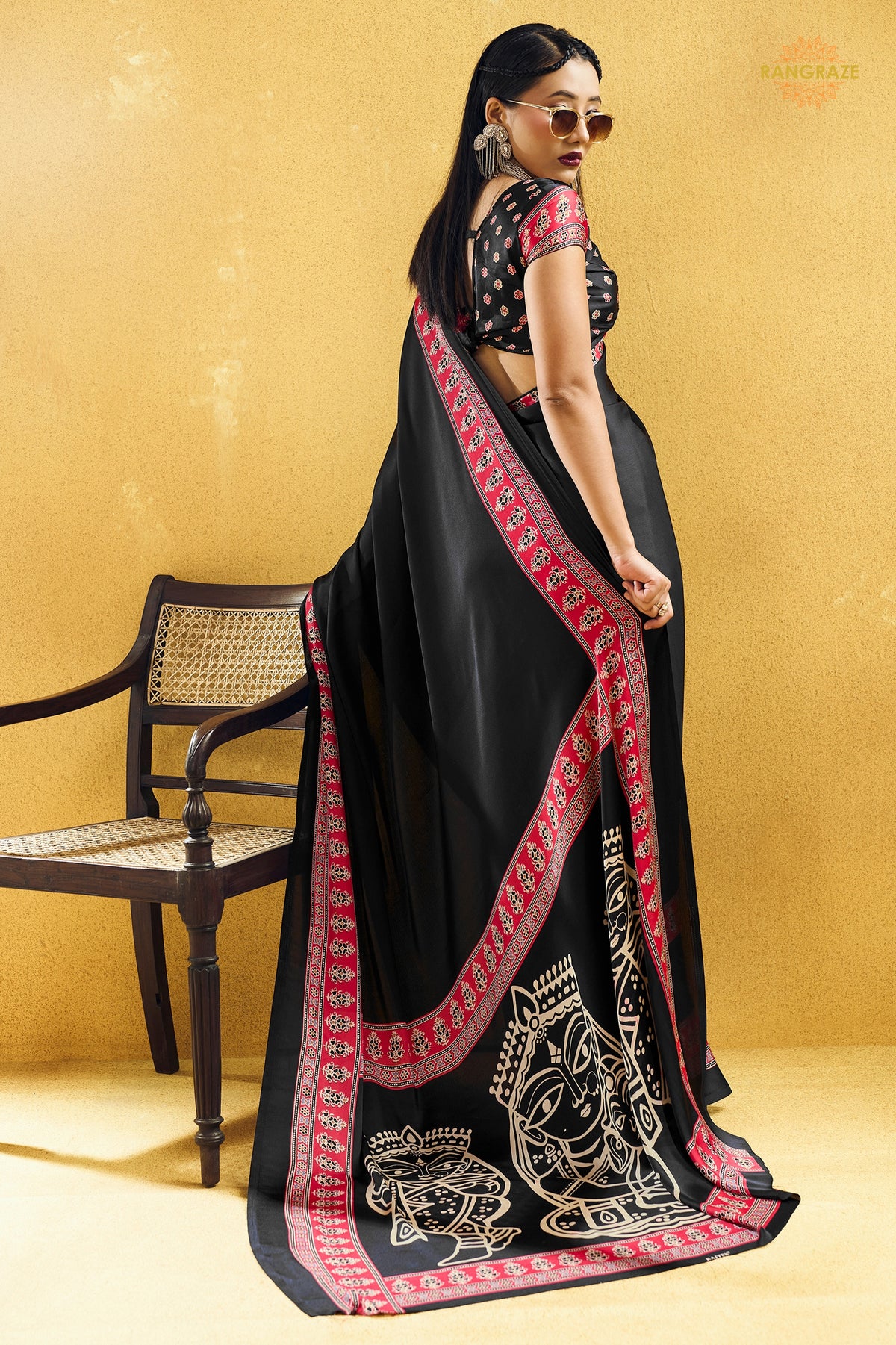 Black Ajrakh Print Modal Satin Saree