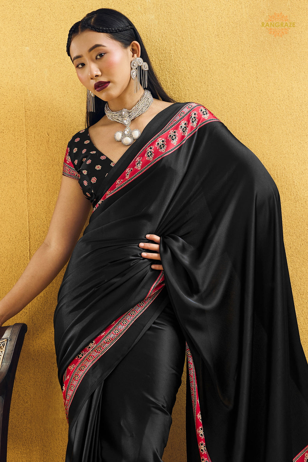 Black Ajrakh Print Modal Satin Saree