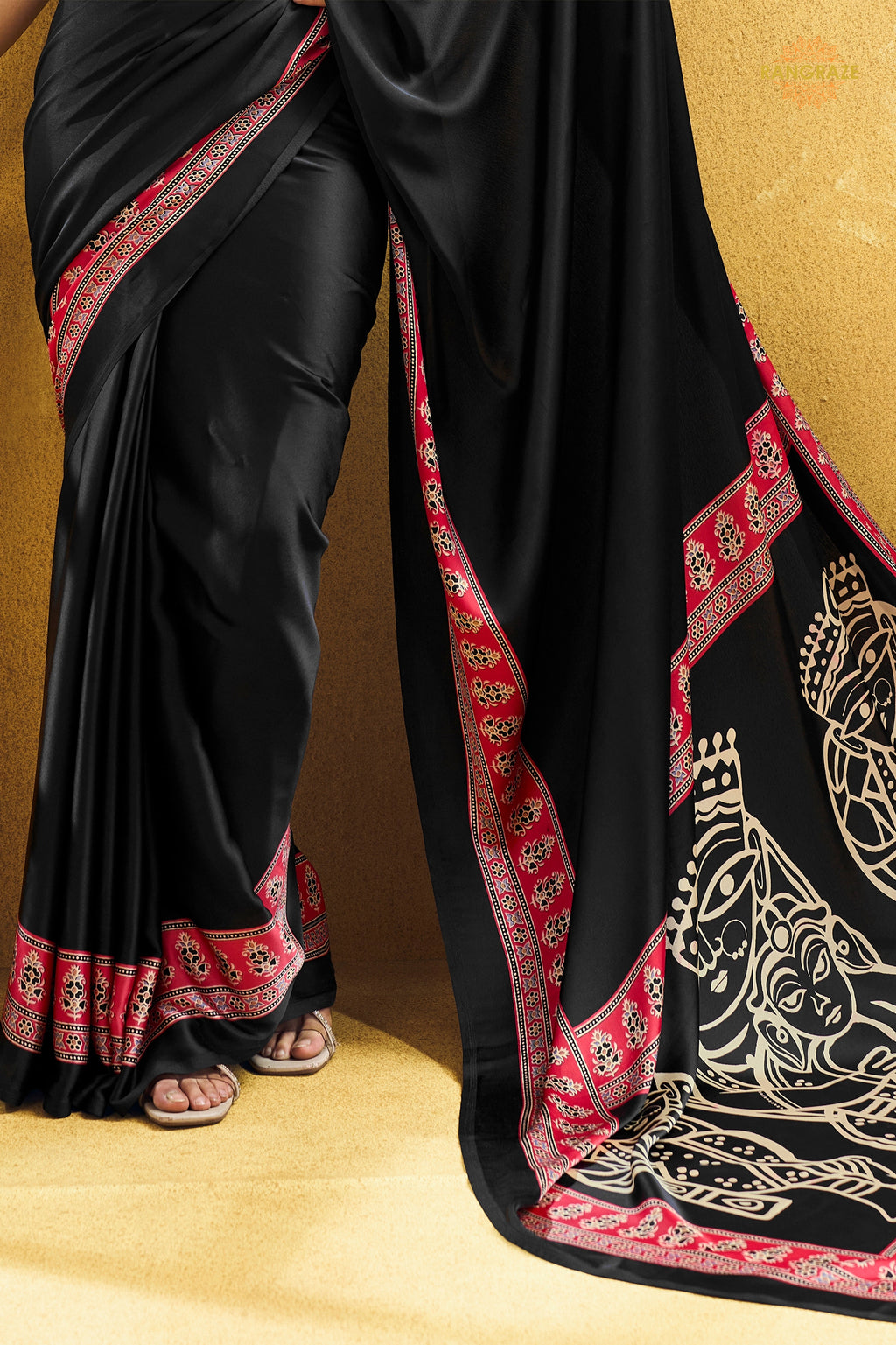 Black Ajrakh Print Modal Satin Saree