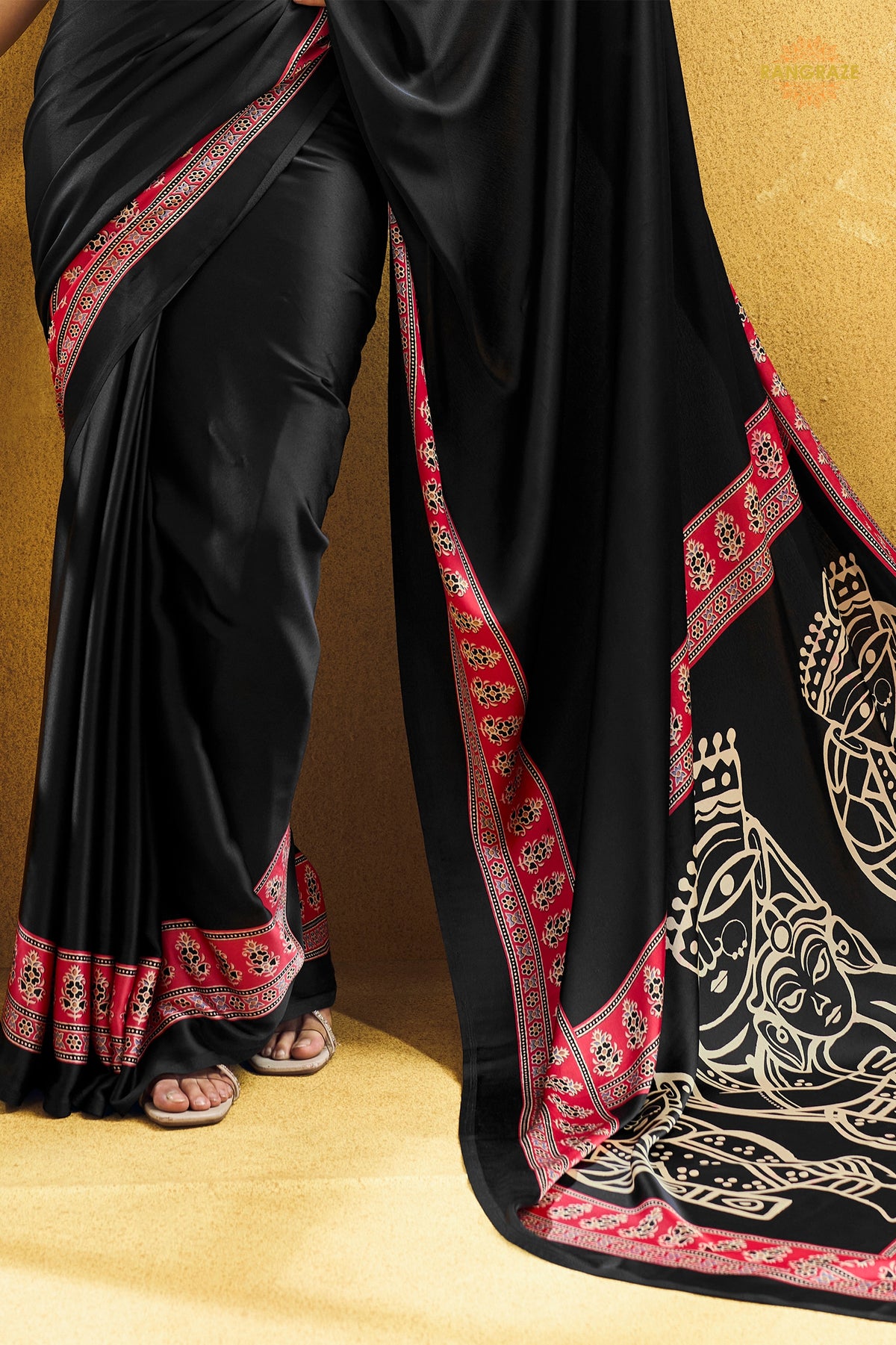 Black Ajrakh Print Modal Satin Saree
