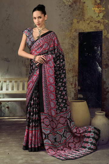 Black Printed Modal Satin Saree