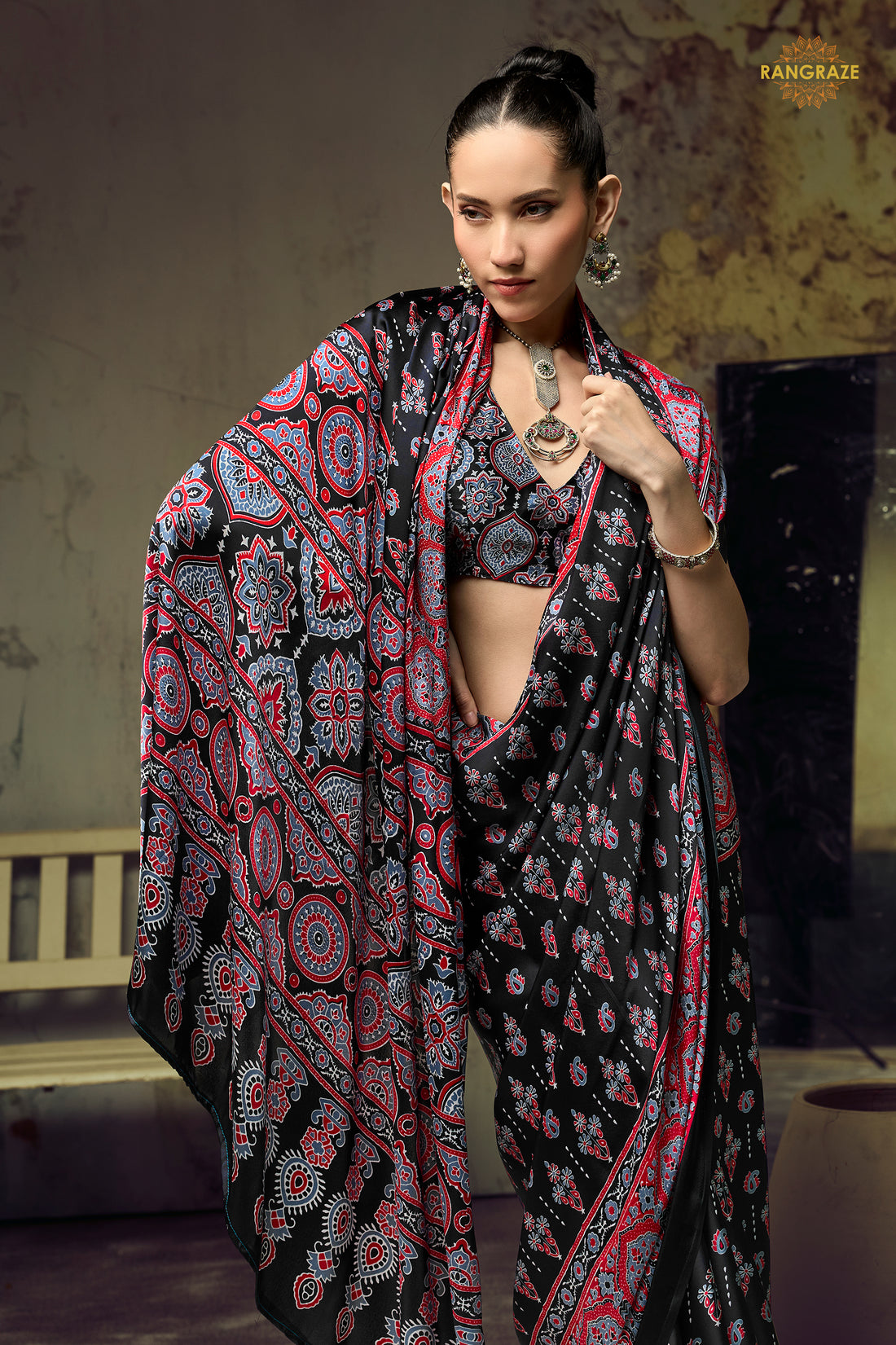 Black Printed Modal Satin Saree