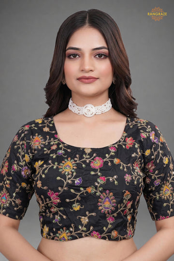 Black Printed Viscose Blouse with Embroidered Work