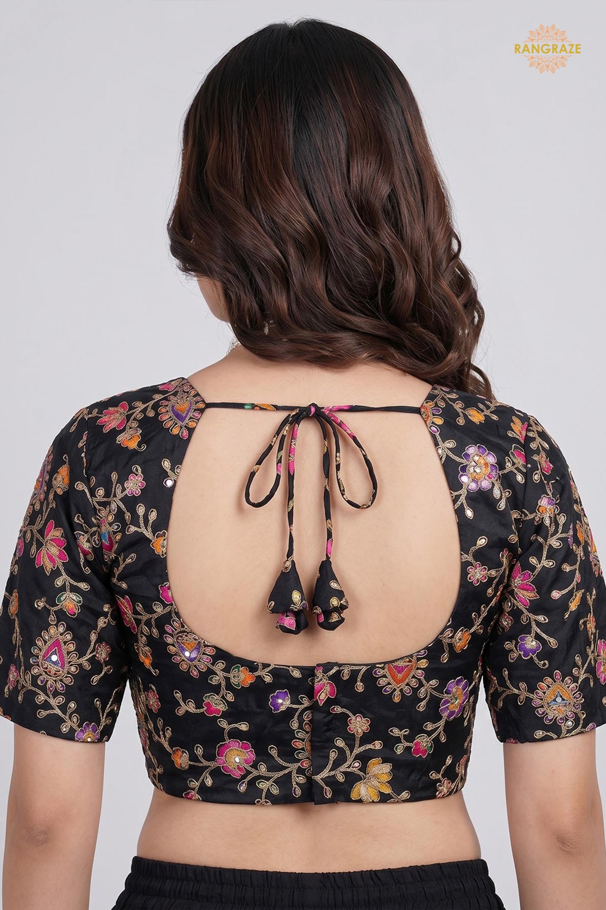 Black Printed Viscose Blouse with Embroidered Work