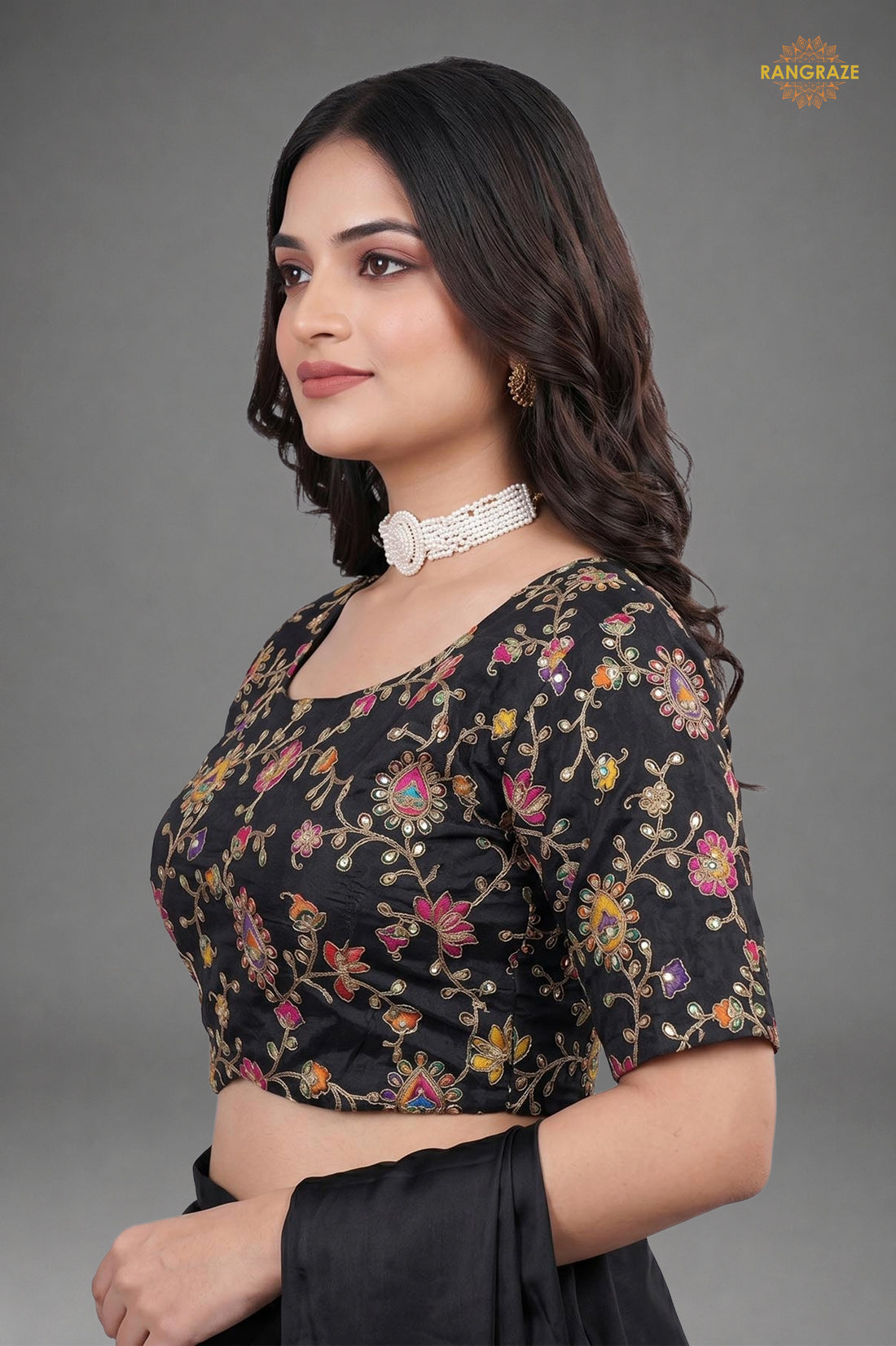 Black Printed Viscose Blouse with Embroidered Work