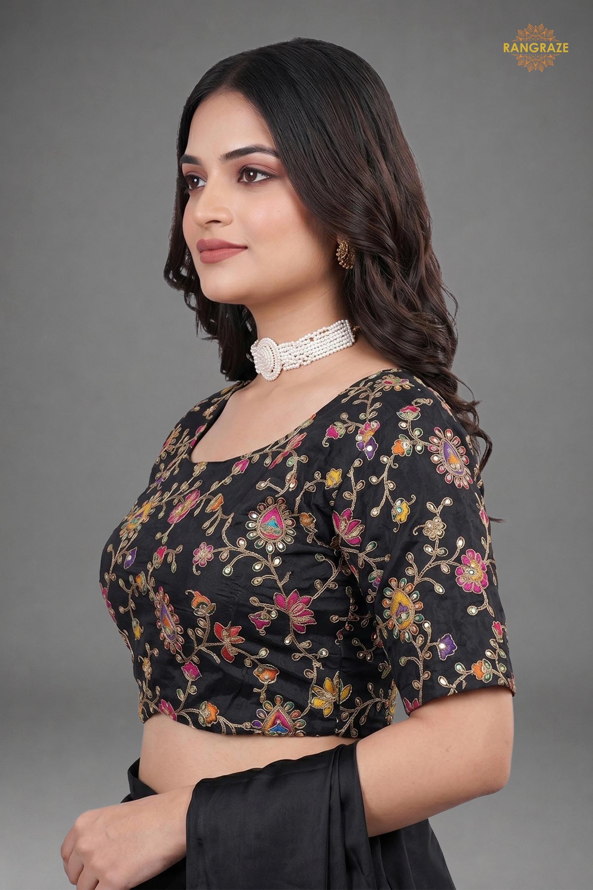 Black Printed Viscose Blouse with Embroidered Work