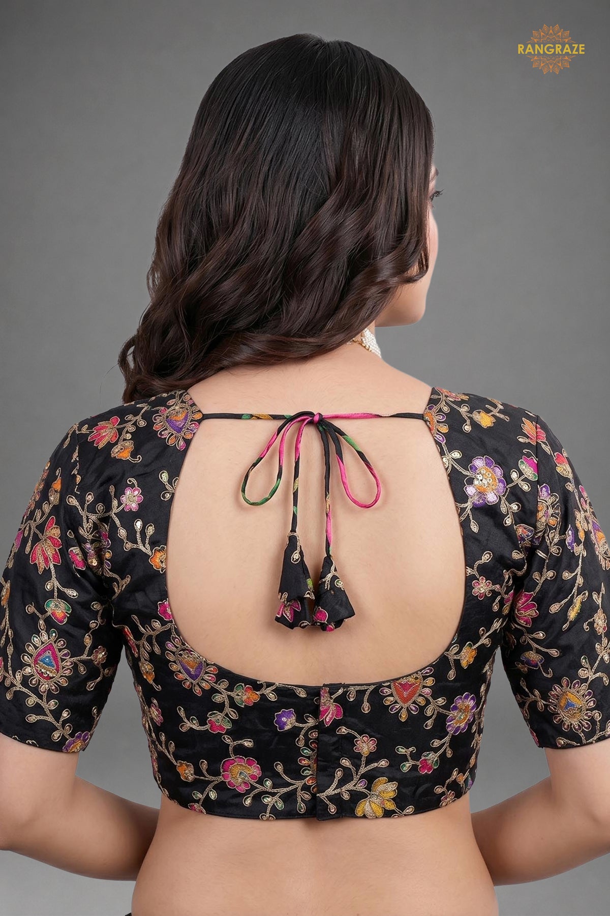 Black Printed Viscose Blouse with Embroidered Work