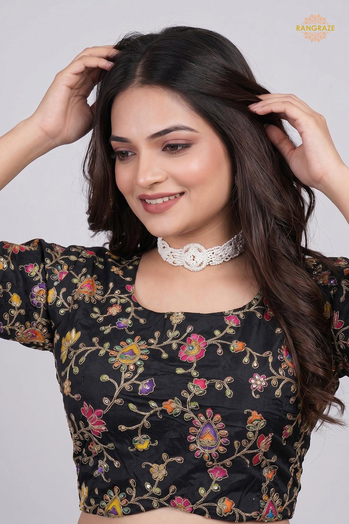 Black Printed Viscose Blouse with Embroidered Work