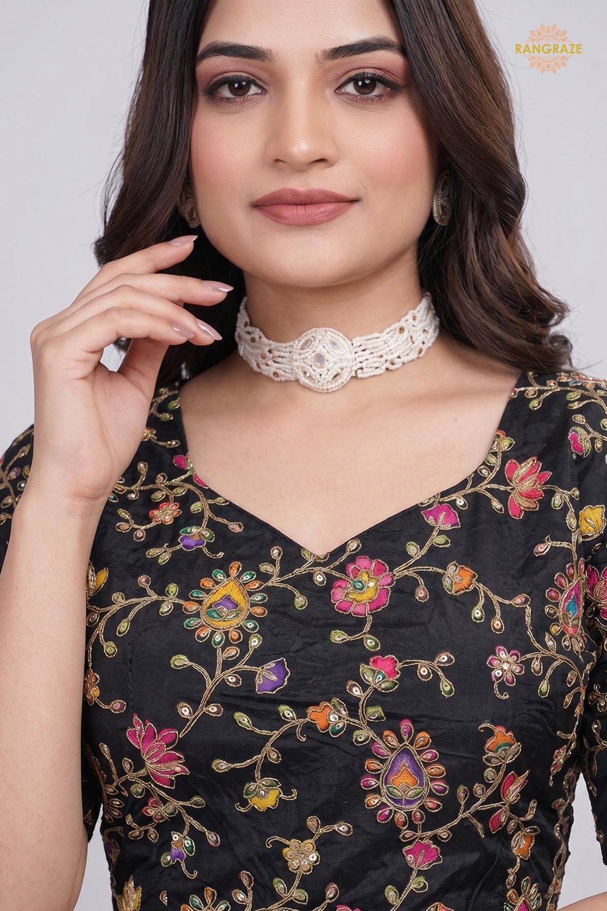 Black Printed Viscose Blouse with Embroidered Work