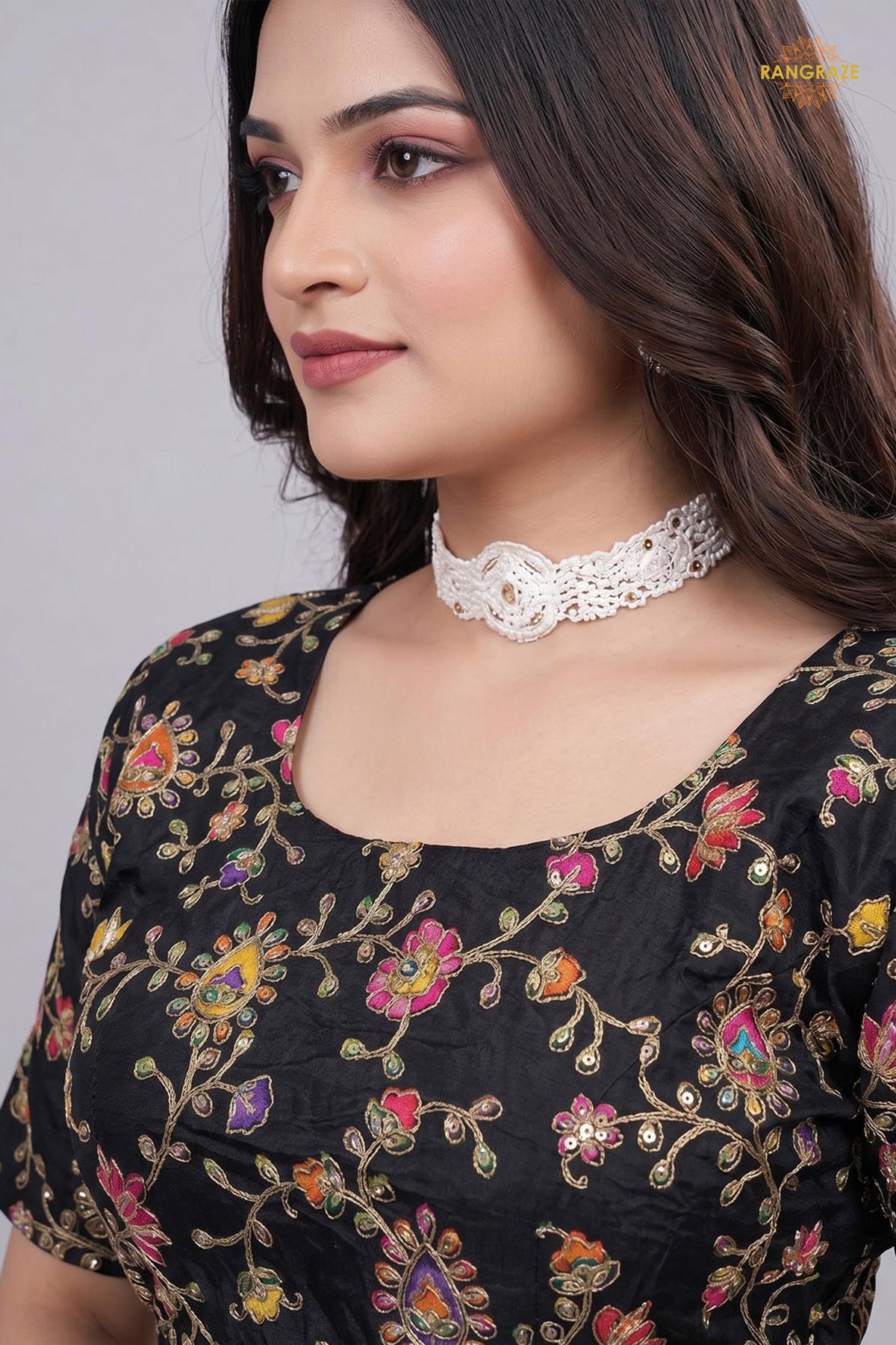 Black Printed Viscose Blouse with Embroidered Work