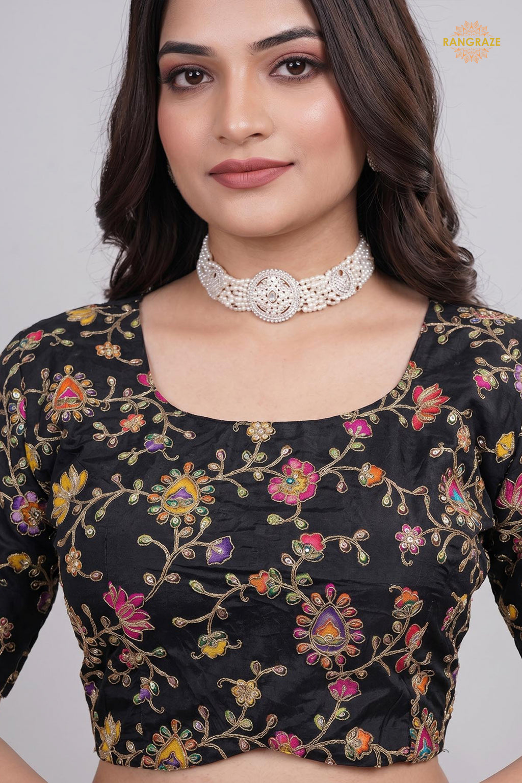 Black Printed Viscose Blouse with Embroidered Work