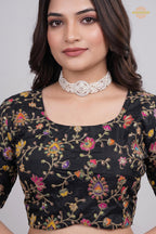 Black Printed Viscose Blouse with Embroidered Work