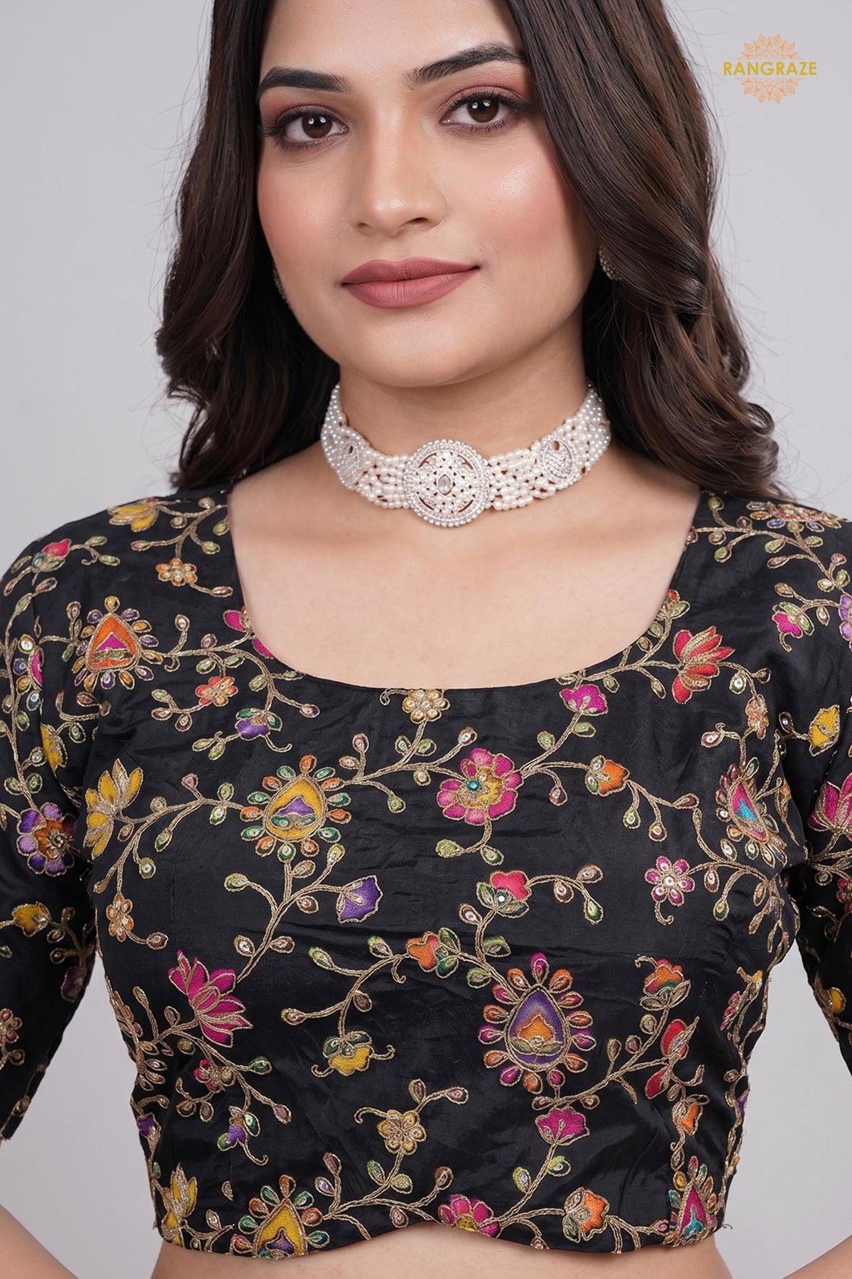 Black Printed Viscose Blouse with Embroidered Work