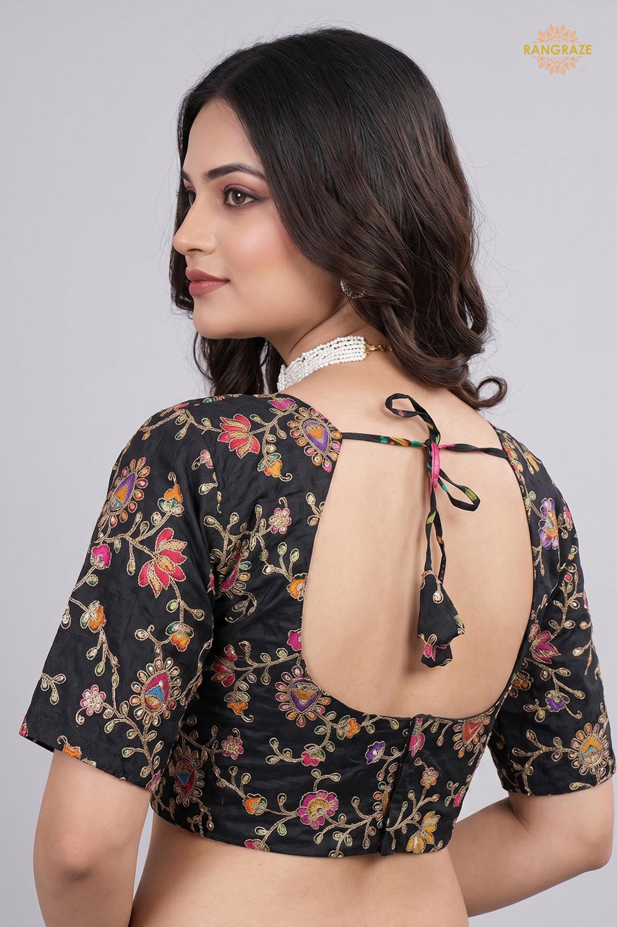 Black Printed Viscose Blouse with Embroidered Work