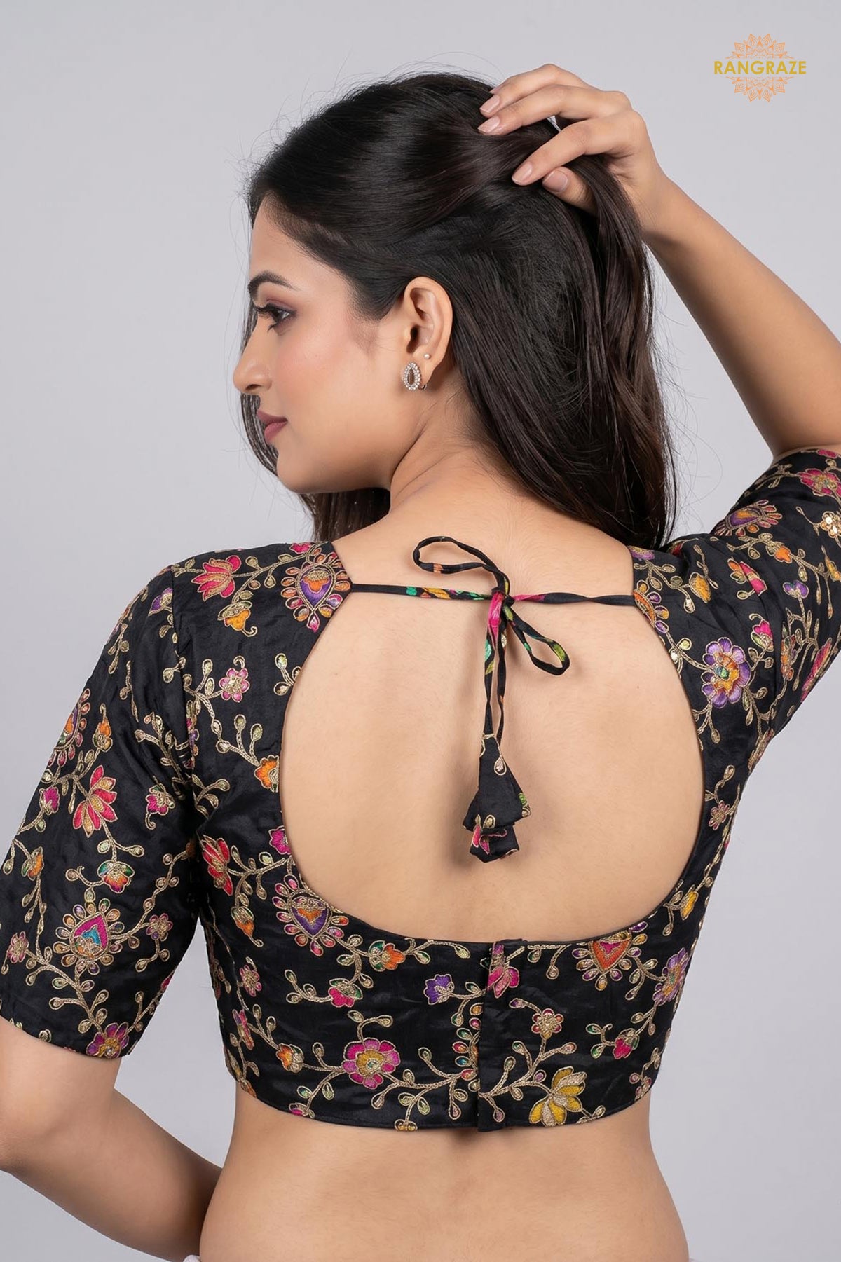 Black Printed Viscose Blouse with Embroidered Work