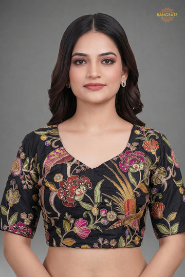 Black Printed Viscose Blouse with Embroidered Work