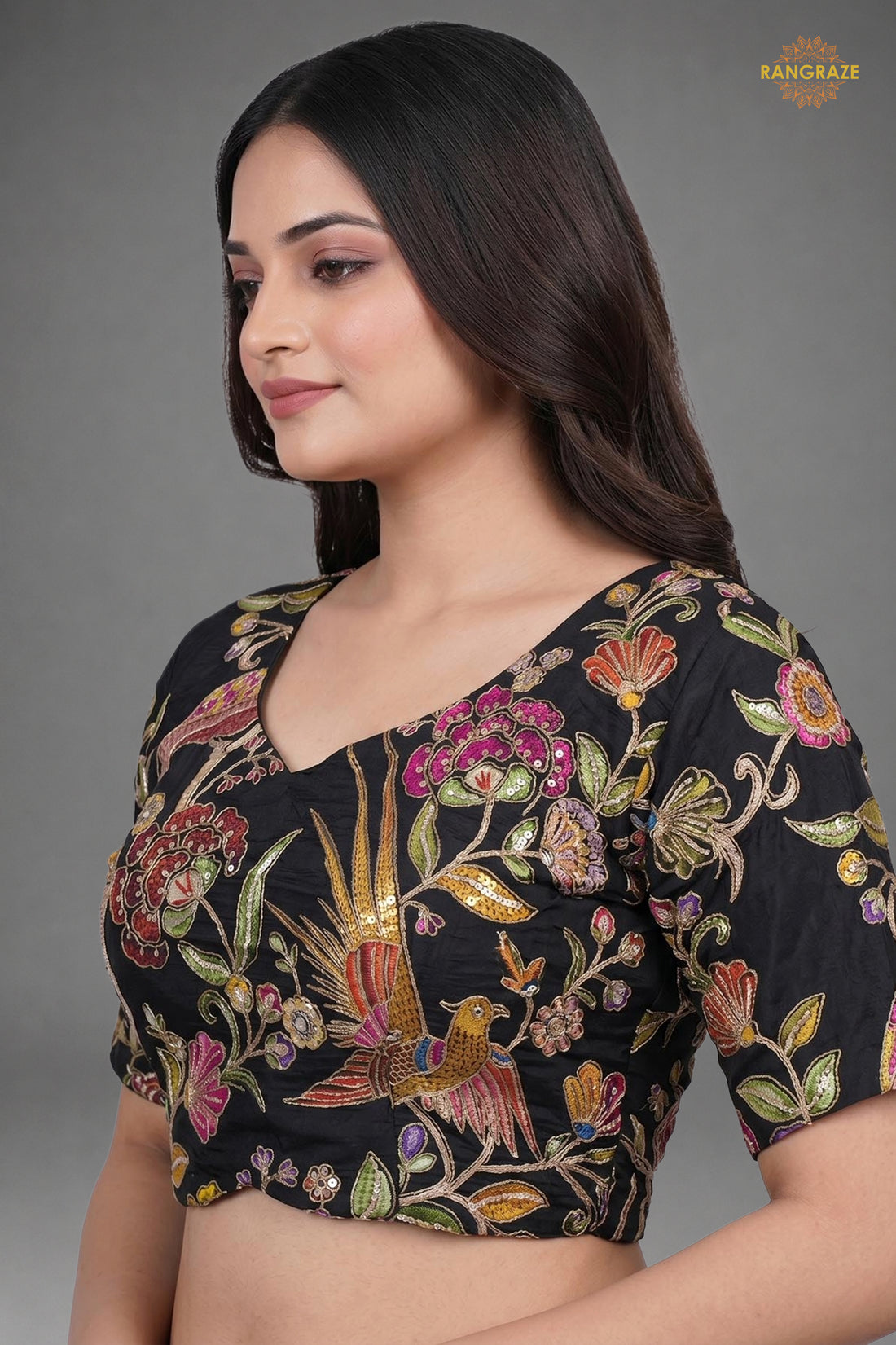 Black Printed Viscose Blouse with Embroidered Work