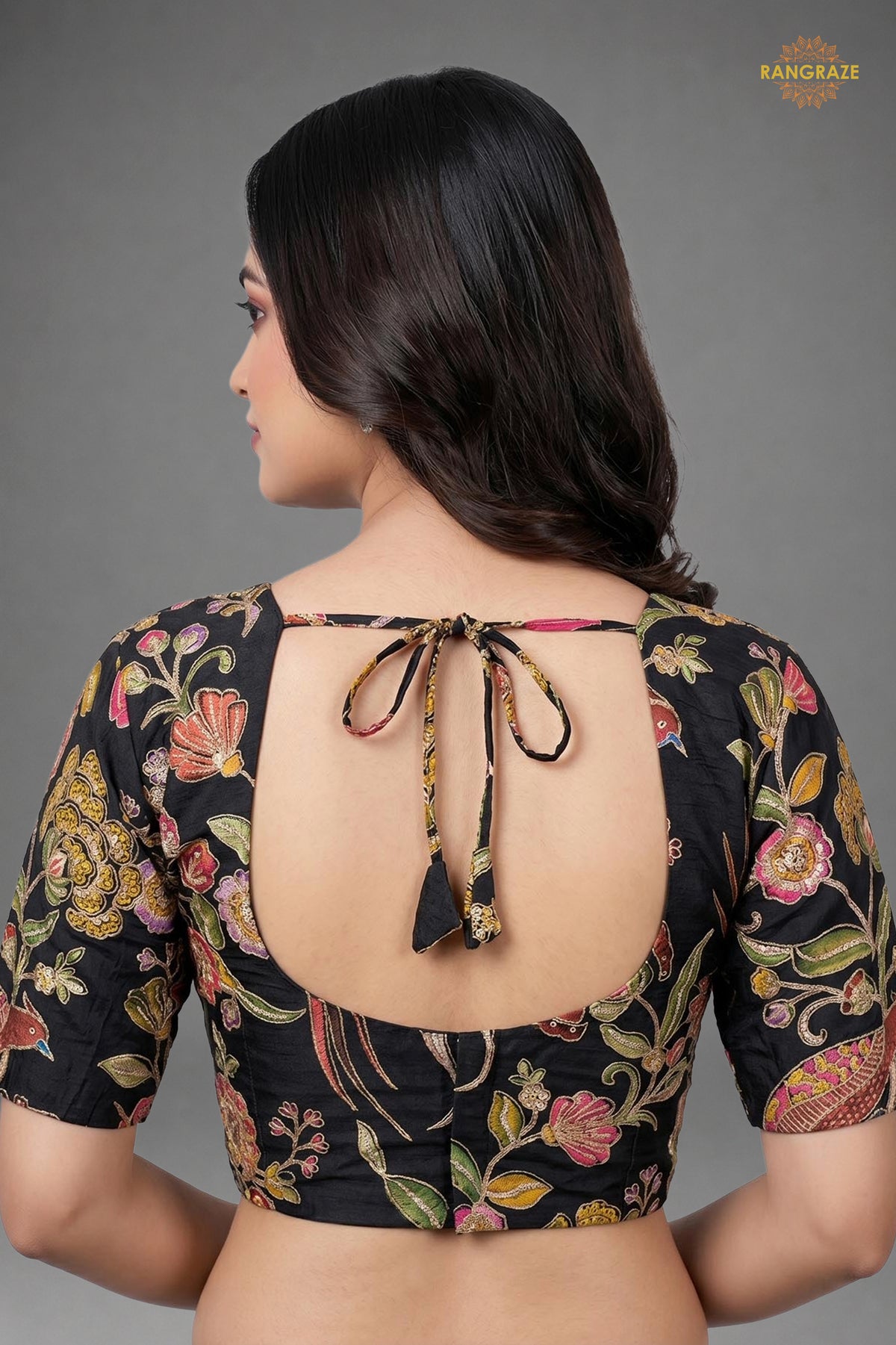 Black Printed Viscose Blouse with Embroidered Work