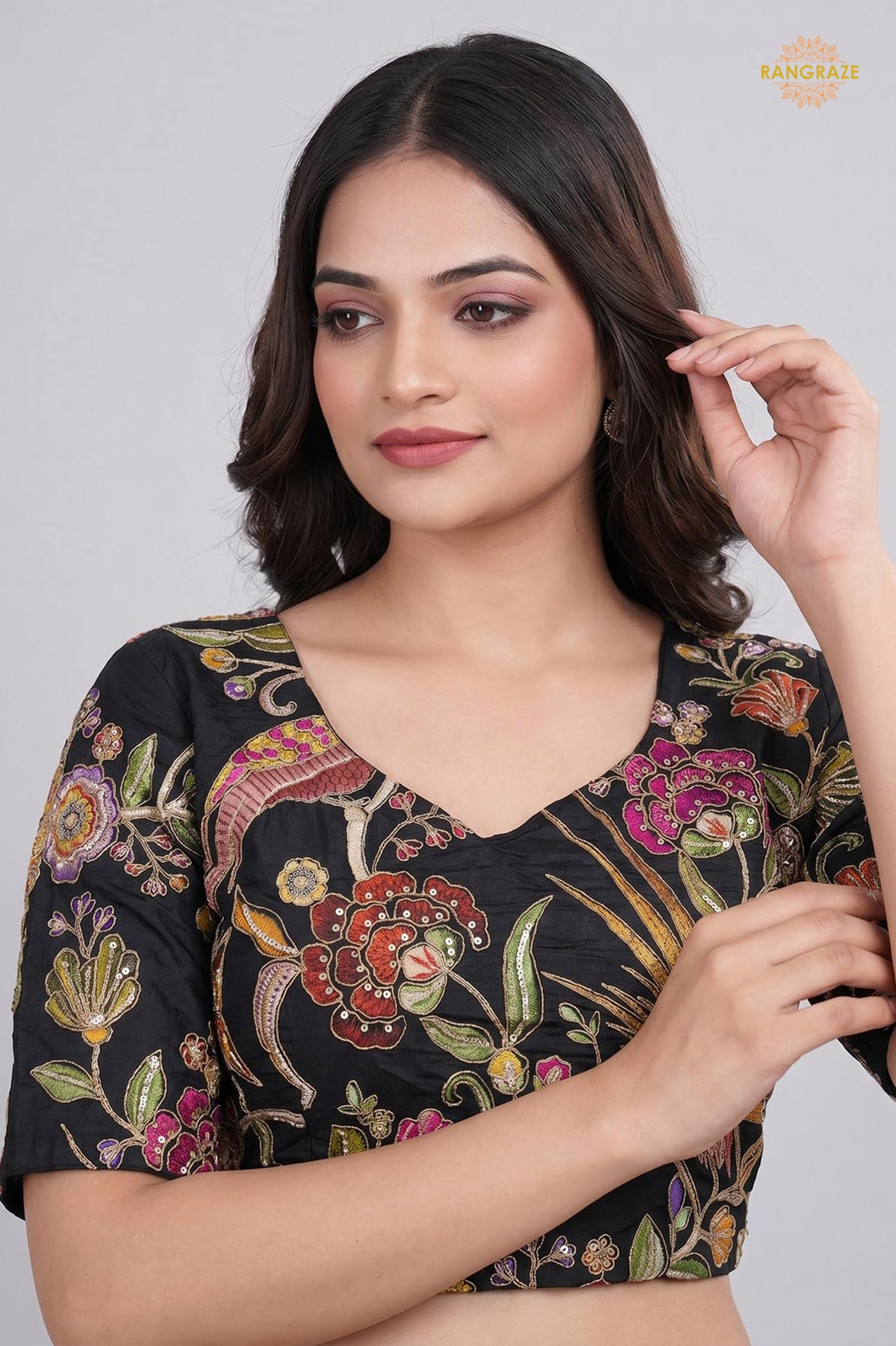 Black Printed Viscose Blouse with Embroidered Work