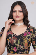 Black Printed Viscose Blouse with Embroidered Work