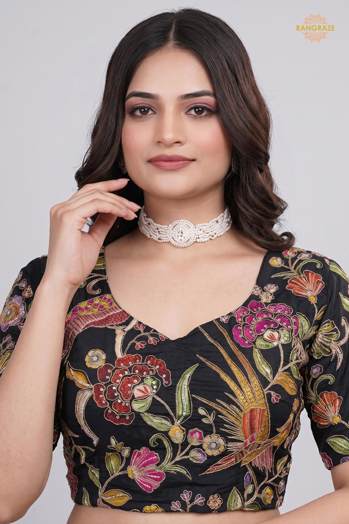 Black Printed Viscose Blouse with Embroidered Work