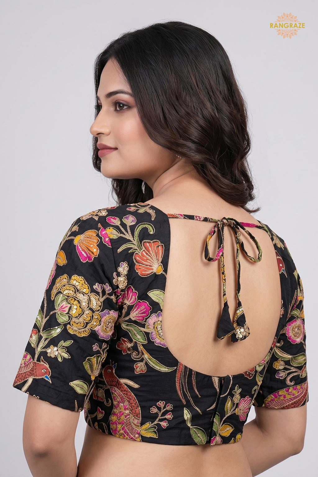Black Printed Viscose Blouse with Embroidered Work