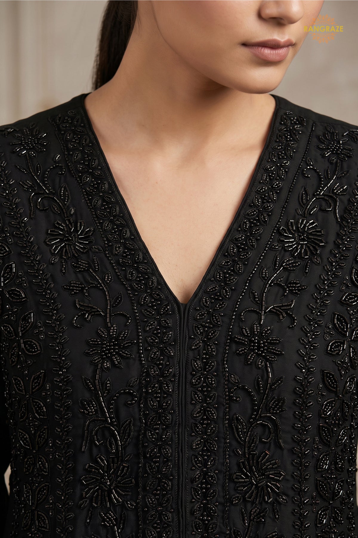 Black Readymade Bead Work Chinon Palazzo Suit