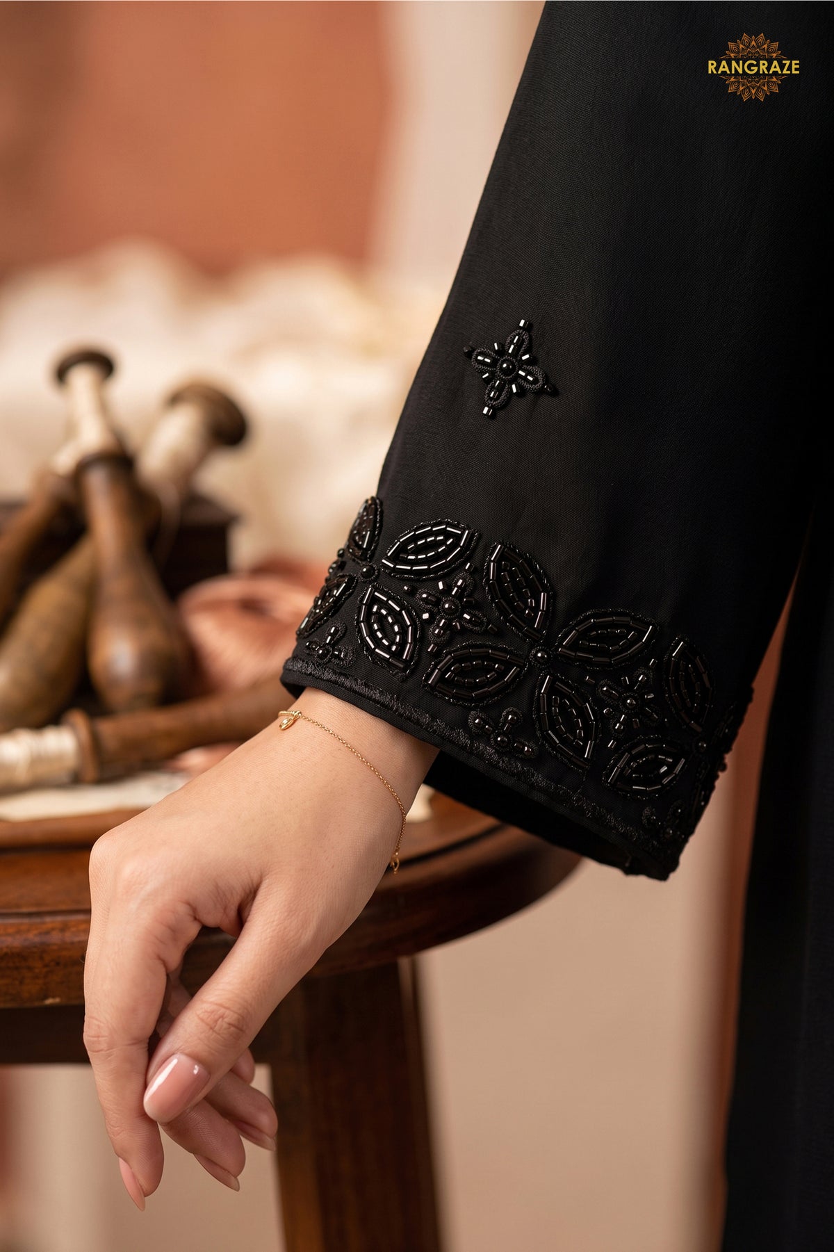 Black Readymade Bead Work Chinon Palazzo Suit