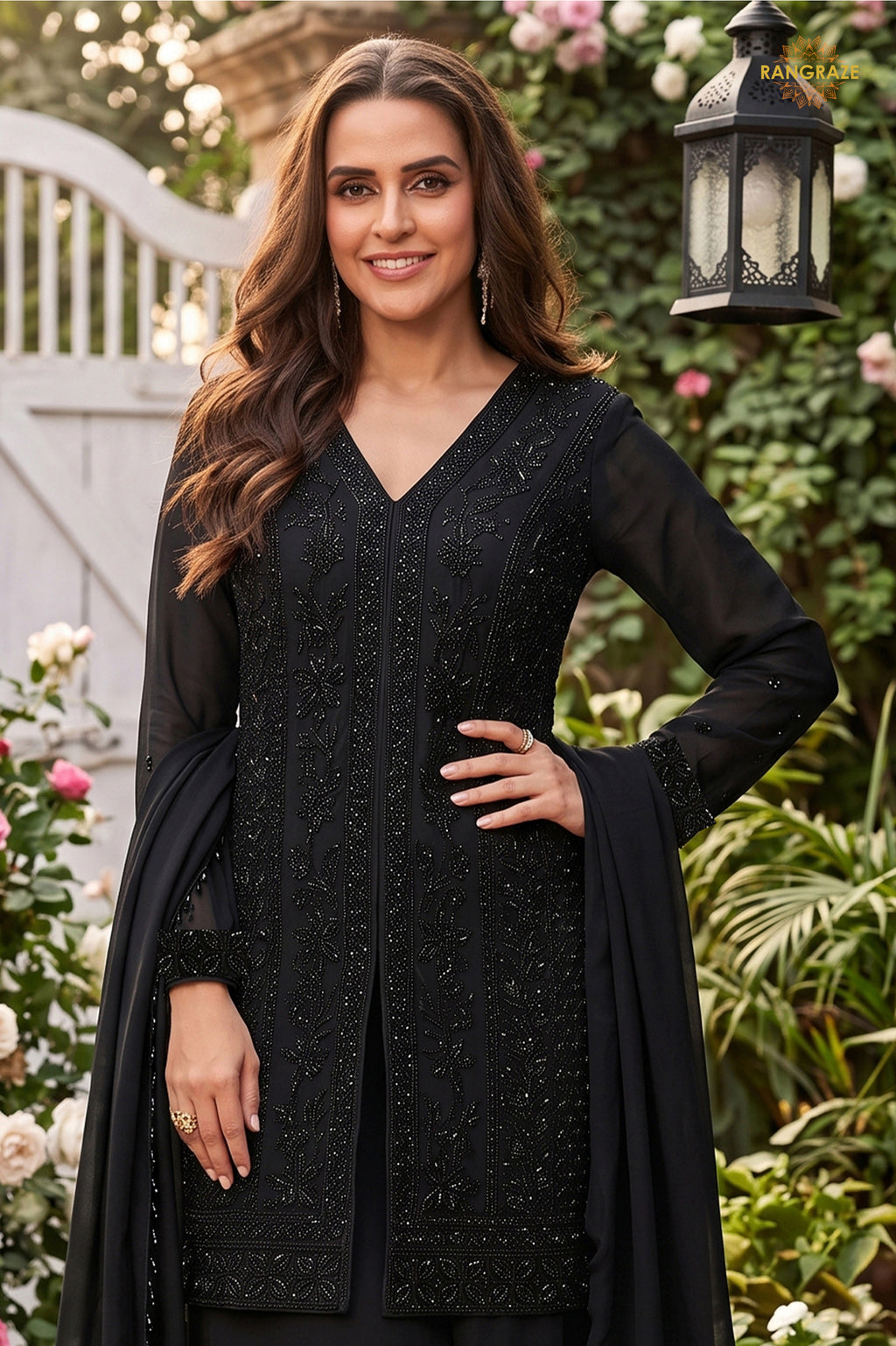 Black Readymade Bead Work Chinon Palazzo Suit