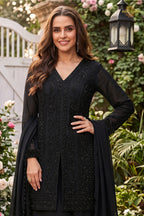 Black Readymade Bead Work Chinon Palazzo Suit