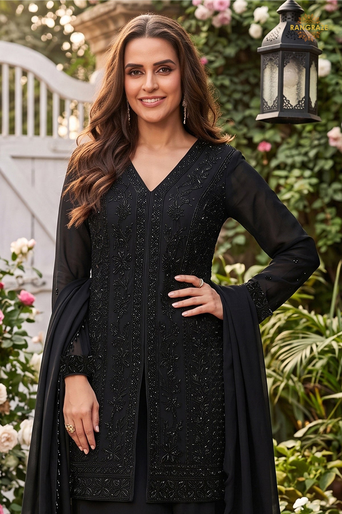 Black Readymade Bead Work Chinon Palazzo Suit
