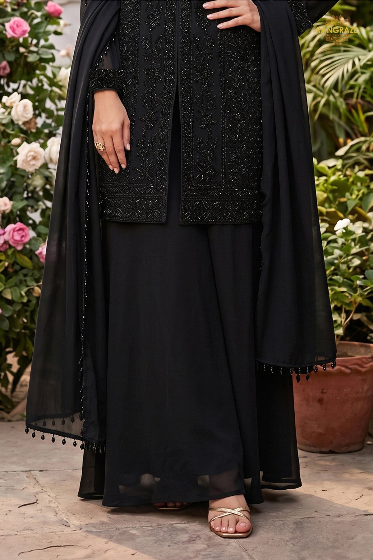 Black Readymade Bead Work Chinon Palazzo Suit