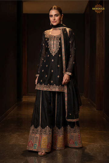 Black Readymade Embroidered Chinon Sharara Suit