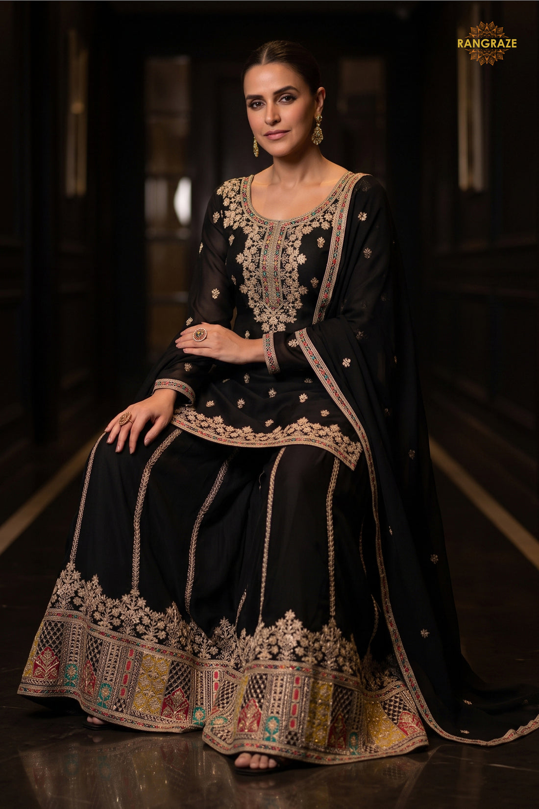 Black Readymade Embroidered Chinon Sharara Suit