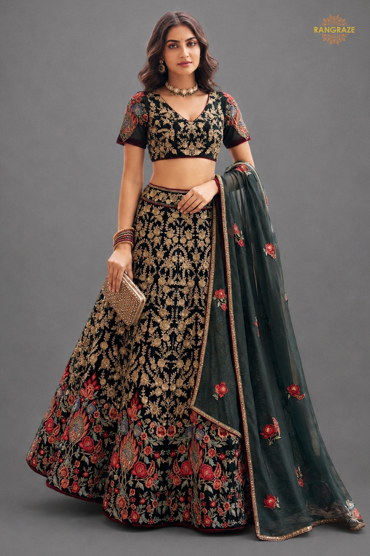 Black Semi Stitched Embroidered Net Lehenga