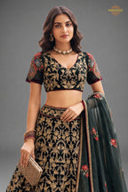Black Semi Stitched Embroidered Net Lehenga