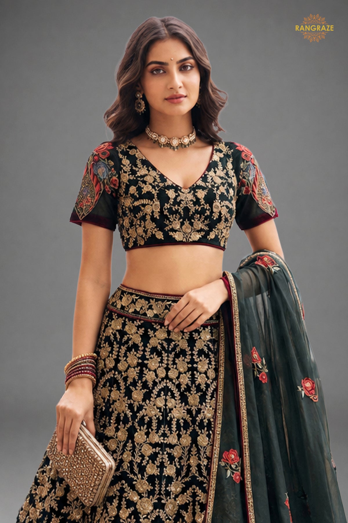 Black Semi Stitched Embroidered Net Lehenga
