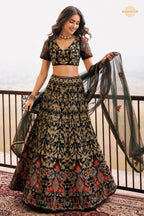 Black Semi Stitched Embroidered Net Lehenga