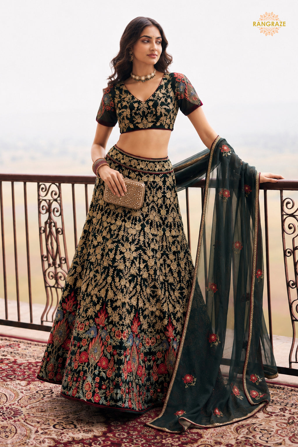 Black Semi Stitched Embroidered Net Lehenga