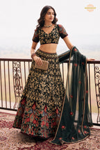 Black Semi Stitched Embroidered Net Lehenga