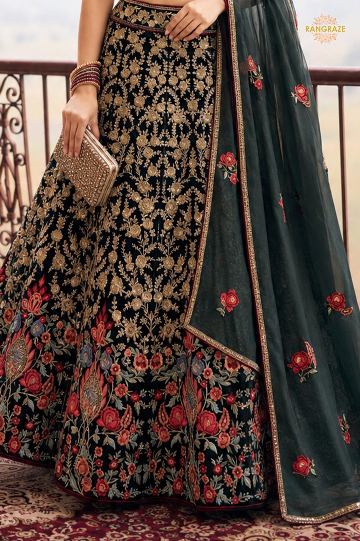 Black Semi Stitched Embroidered Net Lehenga