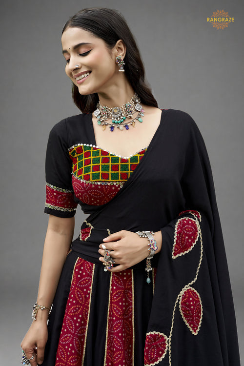 Black Stitched Ajrakh Print Rayon Lehenga