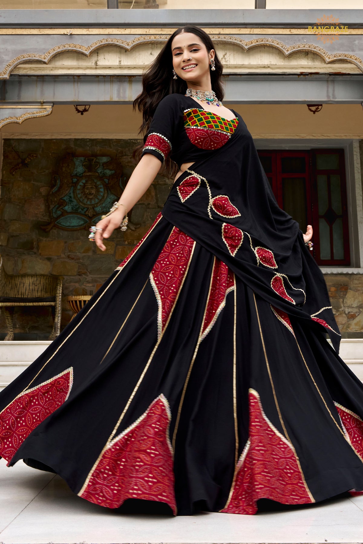 Black Stitched Ajrakh Print Rayon Lehenga