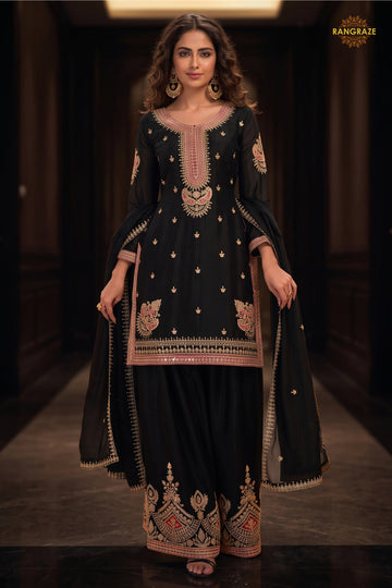 Black Stitched Embroidered Chinon Sharara Suit